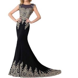 Blue mermaid prom dress with gold detail